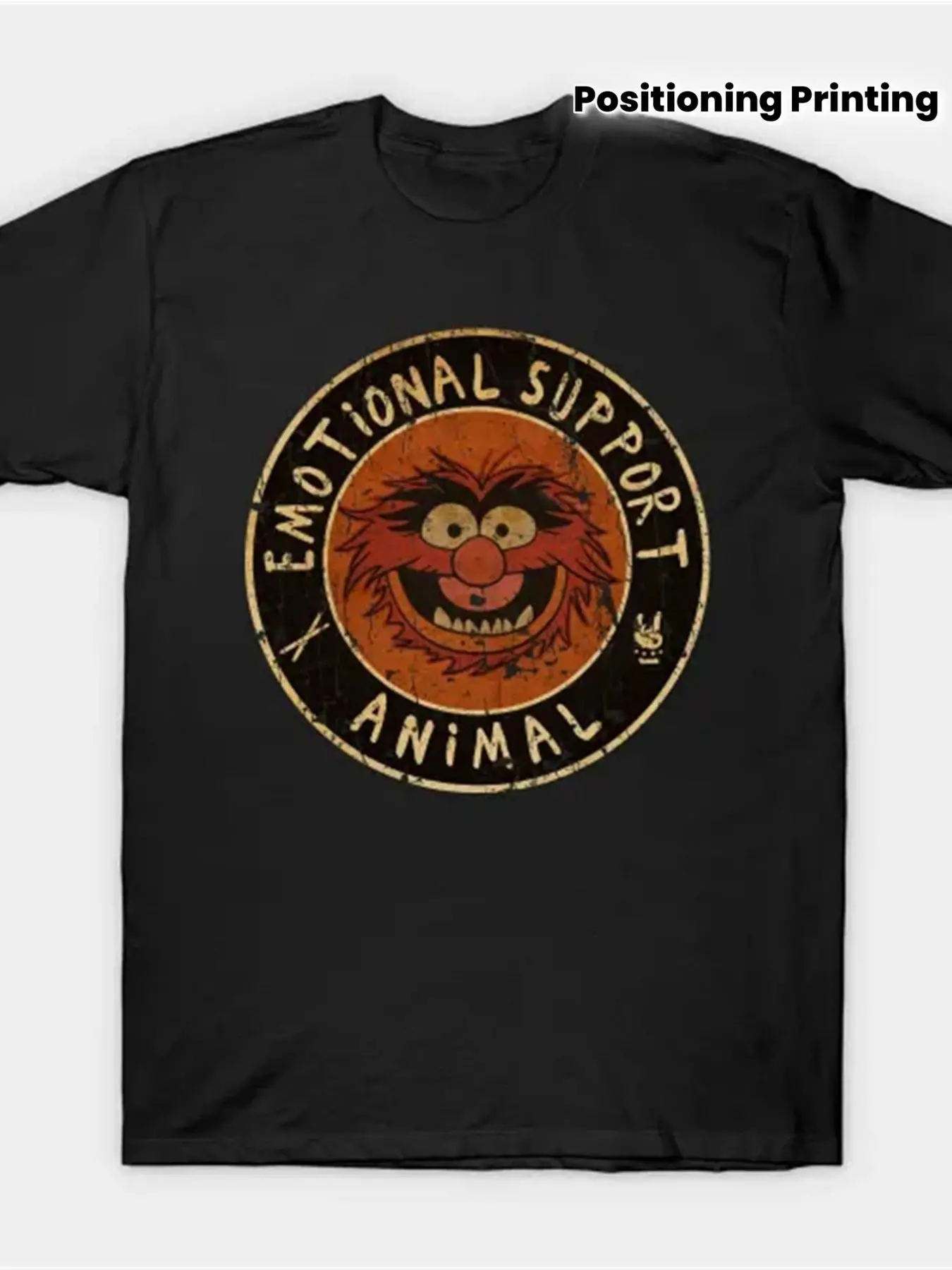 Men's Plus Size Vintage Emotional Support Animal T-Shirt - Black Tee with Circular Graphic of Spiky-Haired Character on Red Background, Vintage Worn-Out Look, Perfect for Casual Wear