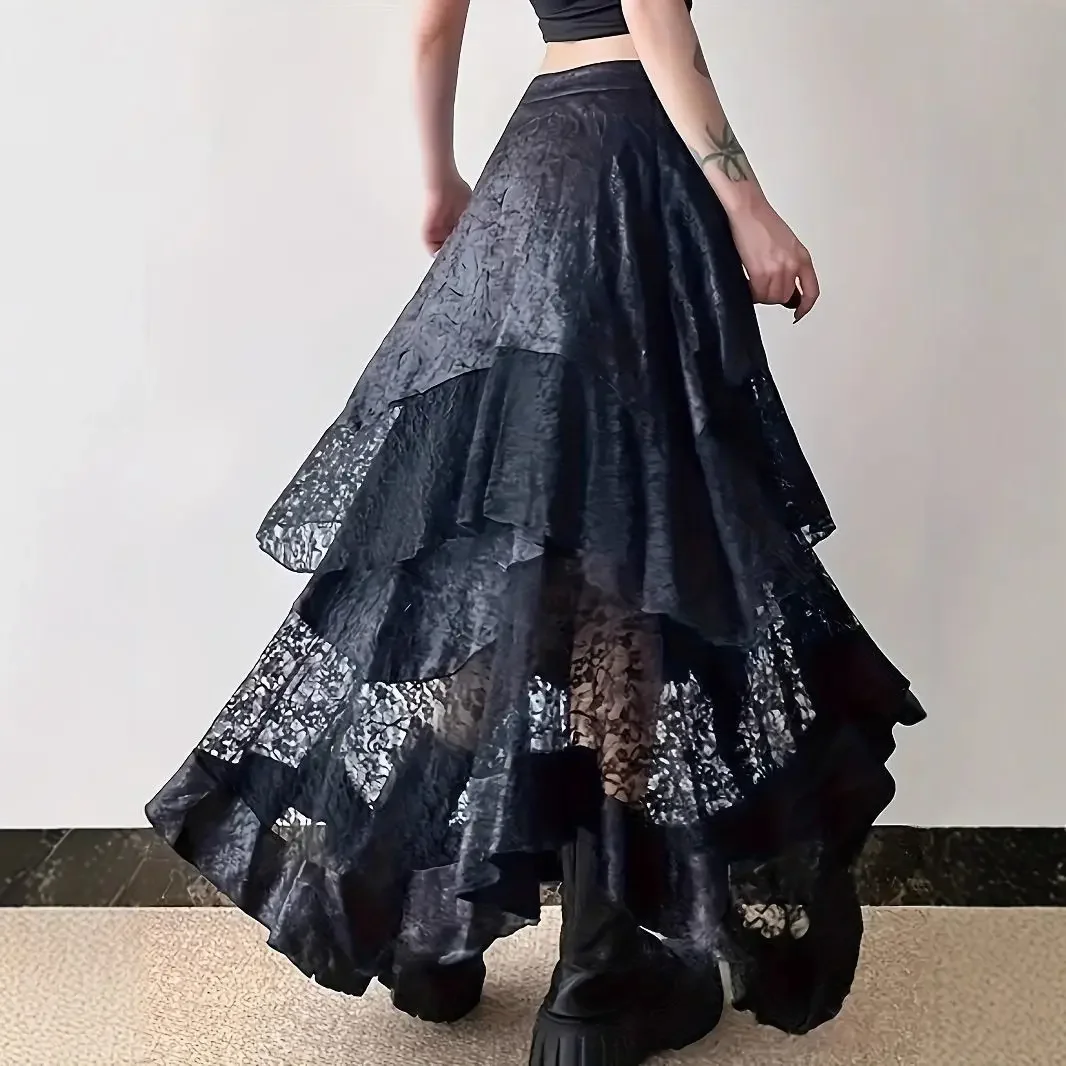 2026 Gothic Vintage Black Midi Skirt Aesthetics Y2k Lace Irregular Skirt French Style Elegant Casual Skirt Woman Design Chic