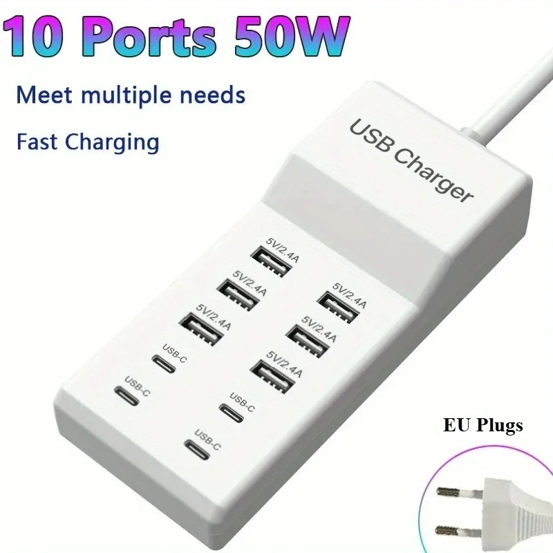 

50W Charger Station with 10 Ports Multiple Port Adapter EU/US Plug for Multiple Device Smart Phone Tablet Laptop Computer