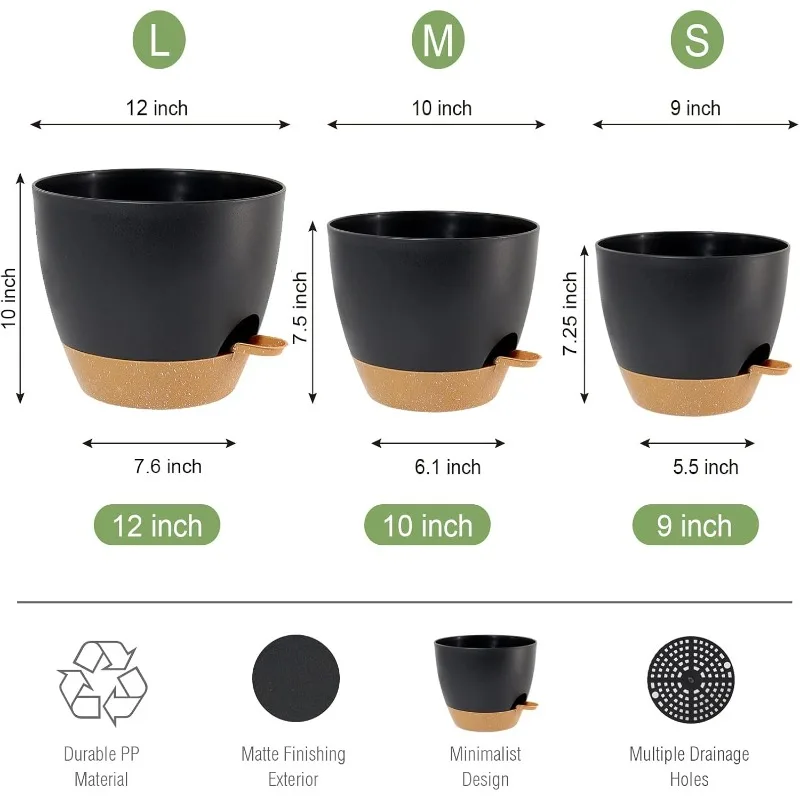 Large Self Watering Pots, 12/10/9 Plastic Planters with High Drainage Holes and Deep Reservoir for Indoor Outdoor Garden Pl