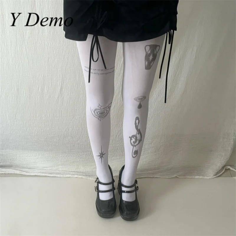 

Y Demo Harajuku Stars Vortex White Stockings Women's Slim Printing Tights Retro Music Note Pantyhose