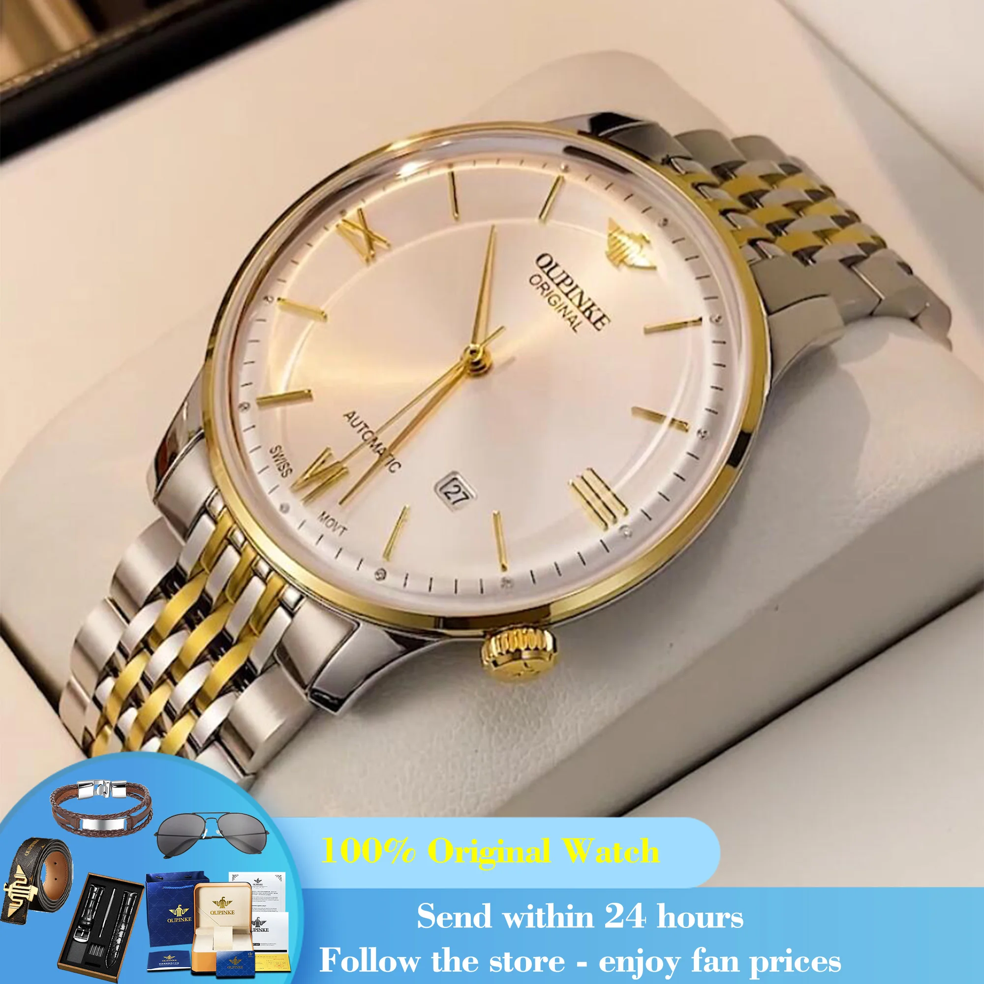 

OUPINKE 3269 Men's Watch Date Thin Case Luxury Automatic Watch For Men Swiss Mechanical Movement Waterproof Man Dress Wristwatch