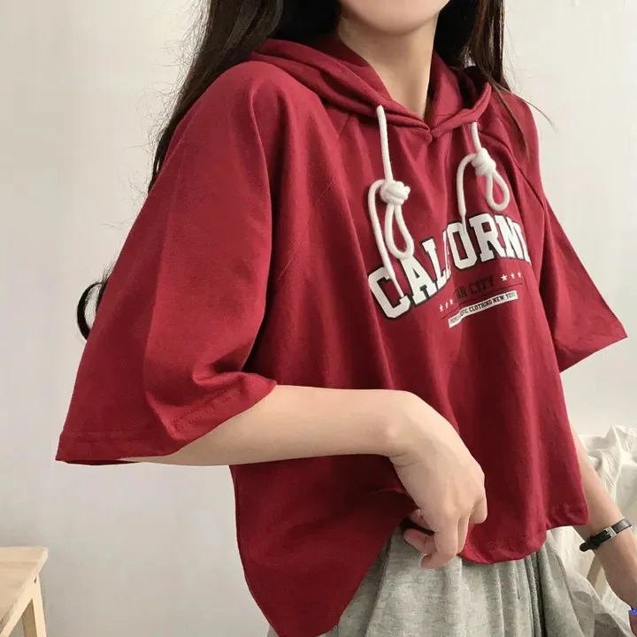 Women Clothing 2024 Casual Short Sleeve Hoodies T-shirt Summer Fashion All-match Female Letter Printing Patchwork Tops With Hat