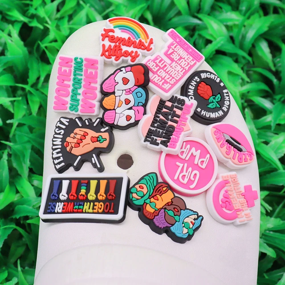 

Hot Sale 1pcs Pink Women Right Girl Power PVC Shoe Charms For Clogs Pins Garden Sandals Shoes Buckle Decorations Kids X-max Gift