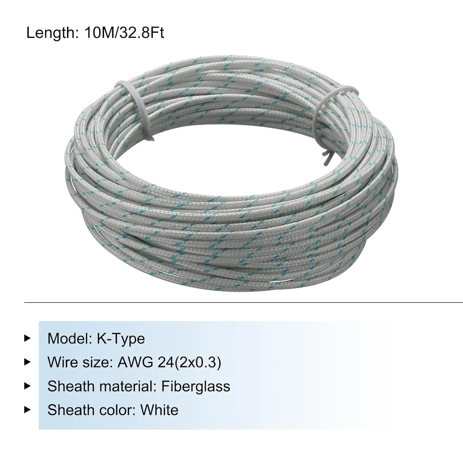 10/50m AWG24 K-Type 2x0.3 Thermocouple Wire Braided Fiberglass Insulation Up to 480°C for Thermocouple Probe Temperature Sensor