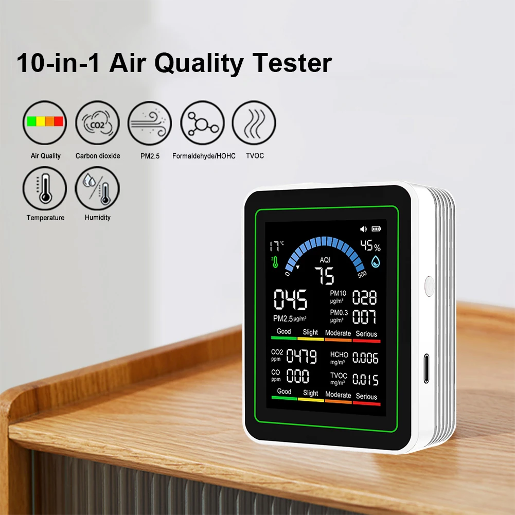 10-in-1 Air Quality Monitor with Display Air Quality Tester Temperature Humidity Detector for Office School & Hotel