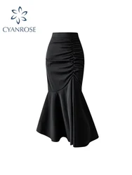 Black Women Ruched Vintage Skirt Elegant French Casual High Waist Streetwear Office Ladies Trumpet Female Party Court Skirt Y2k