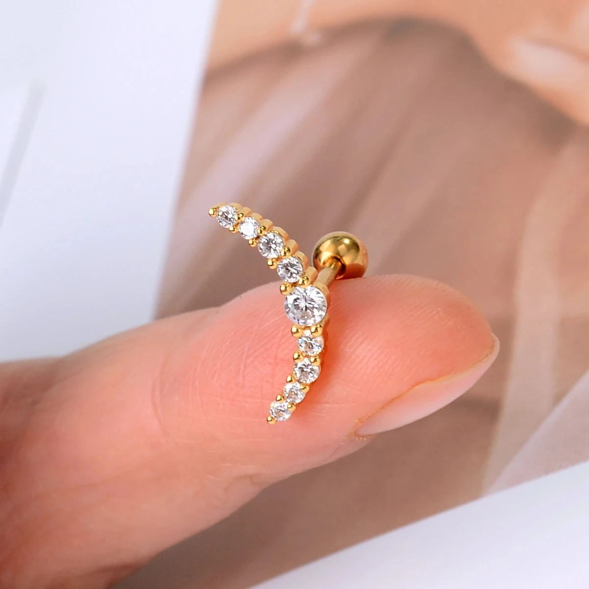 Curved CZ Cartilage Stud Moon Leaf Earring, Stainless Steel