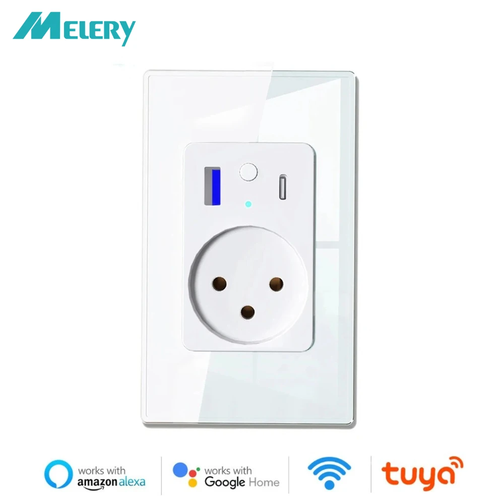 Melery Wifi Smart Israel Wall Socket USB Type-C PD 30W Fast Charge Power Outlet Glass Panel App Voice Remote  Alexa Google Home