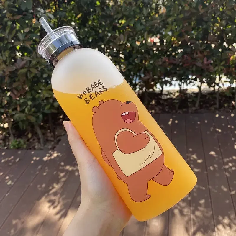 1000ml Water Bottles Cute Panda Bear Cup With Straw Transparent Cartoon Water Bottle Drinkware Frosted Cup Leak-proof