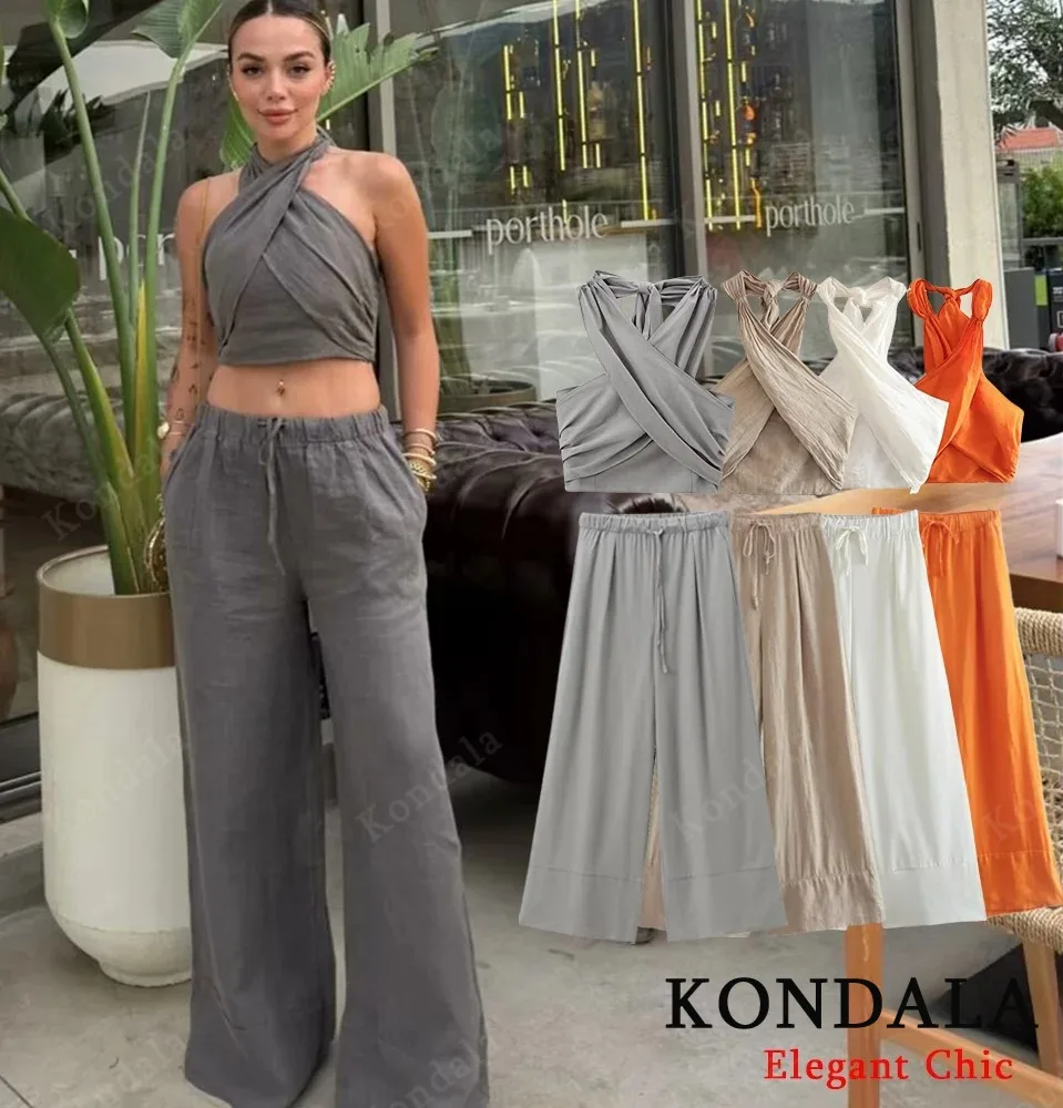 KONDALA Sexy Casual Crossover Camisole Top Set Women New 2026 Spring Summer Fashion Holiday Beach Pant Set Halter Top with Pant