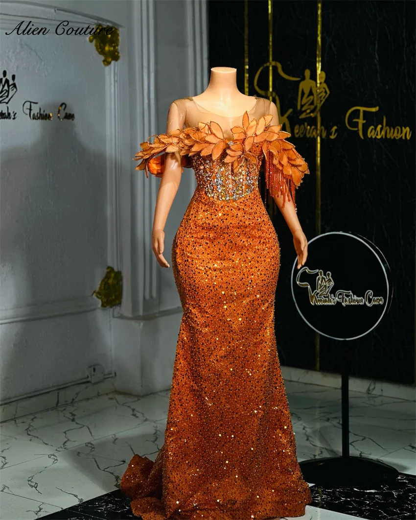 

Orange Mermaid Evening Dresses Bead Diamonds Crystal Birthday Gowns Wedding Reception Birthday Prom Gown Customized