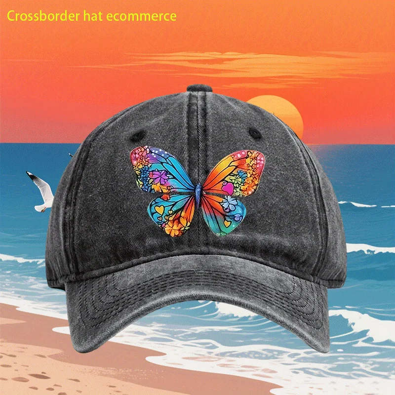 قبعة بيسبول مغسولة بطباعة فراشة ملونة بتصميم عتيق من البوليستر قابلة للتعديل قبعة كاجوال للاستخدام الخارجي للجنسين #1