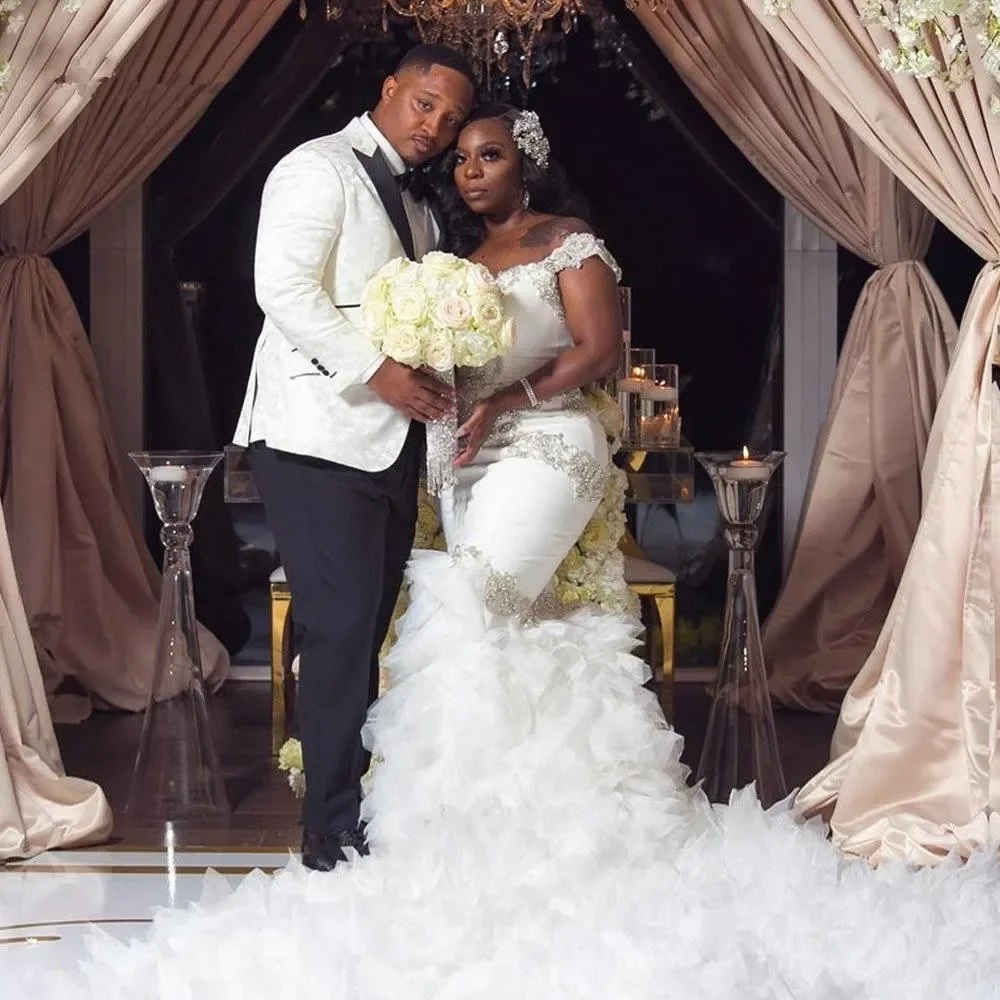 Custom 2025 Women's Fish Tail Gown V-Neck Sequin Satin Pleated Lace Edge Wedding Dress for African American Ladies