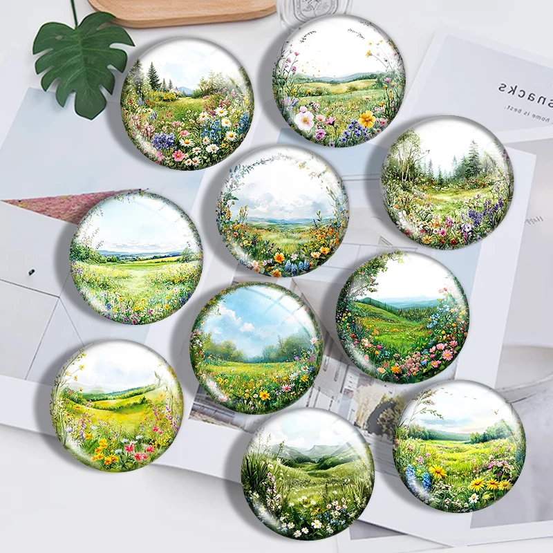 Watercolor Painting Floral Field Mix 12mm/18mm/20mm/25mm Round Photo Glass Cabochon Demo Flat Back Making Findings
