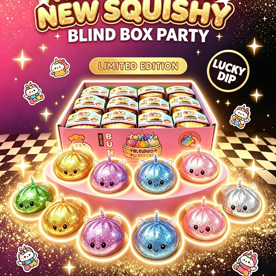 New Glitter Unicorn Bun Squishy Toy Blind Box Style Simulated Packaging Stress Relief Toy for Sensory Soothing  Pressure Release
