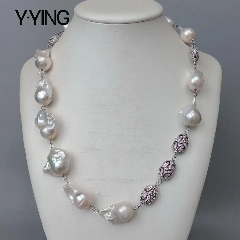 Y.YING natural Cultured White Keshi Pearl Cubic Zirconia Pave connector choker Necklace 20