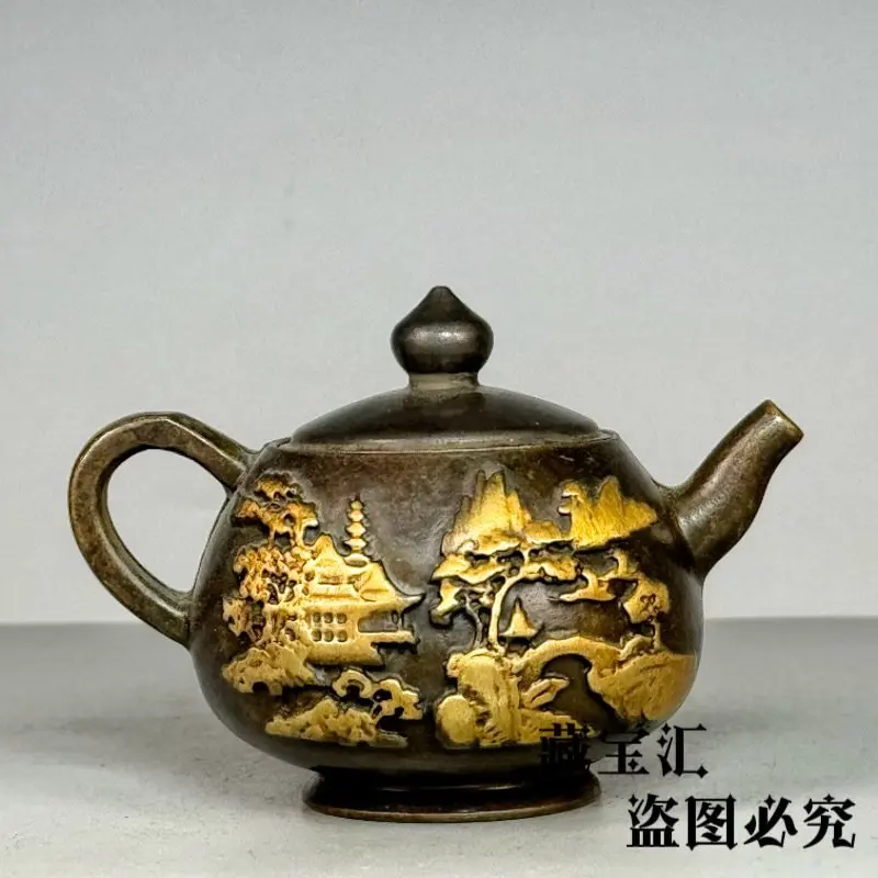 Old Collection Mini Pure Copper Teapot Wine Pot Qing Dynasty Imperial Made Landscape Pattern Wealth Attraction For Home