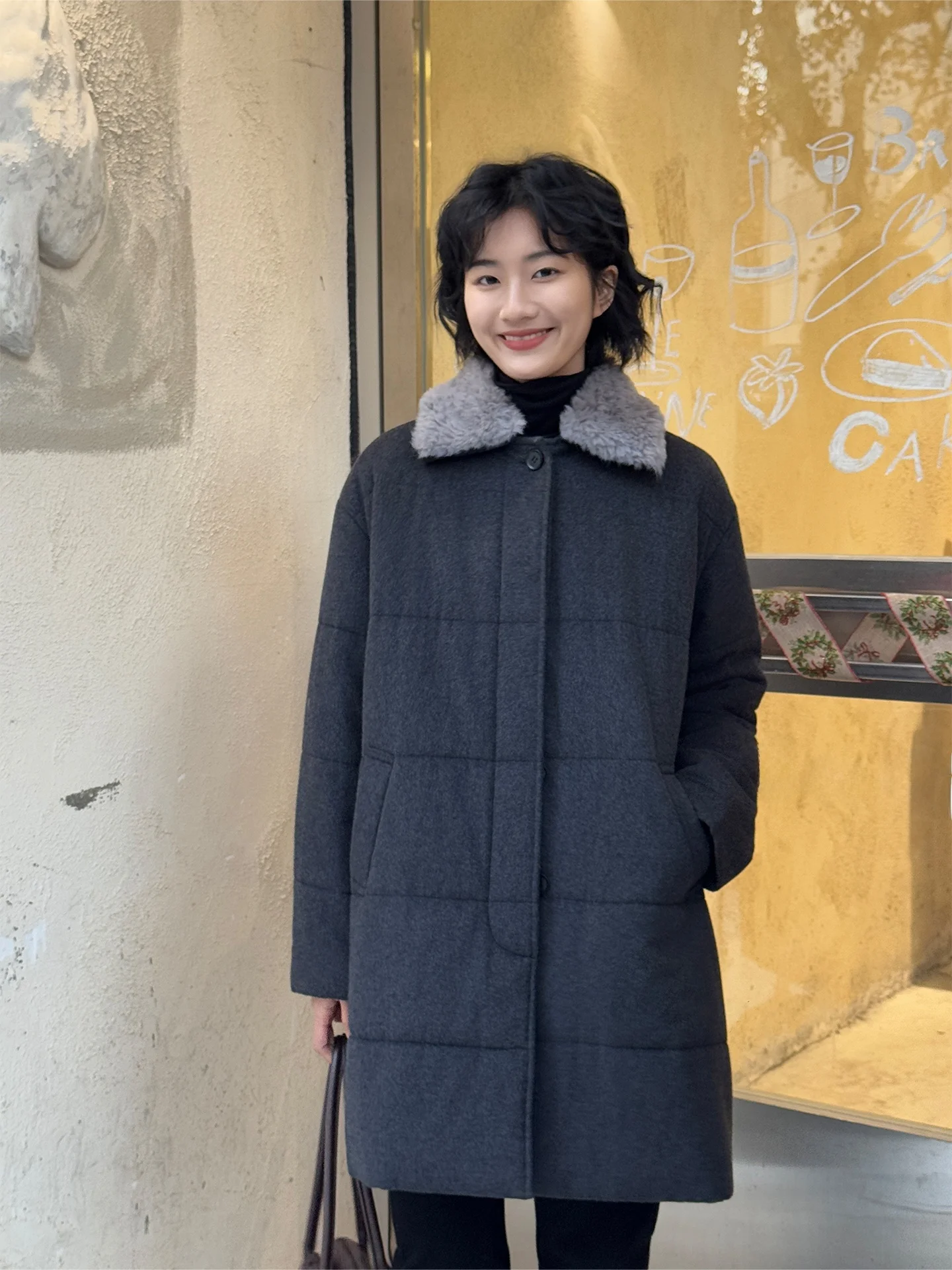 

Zhou Xiaoya ey Faion Winter New Wool Collar Thiened Loose Mid-Length Hatl Cotton Coat Women's Commute Simple Sle