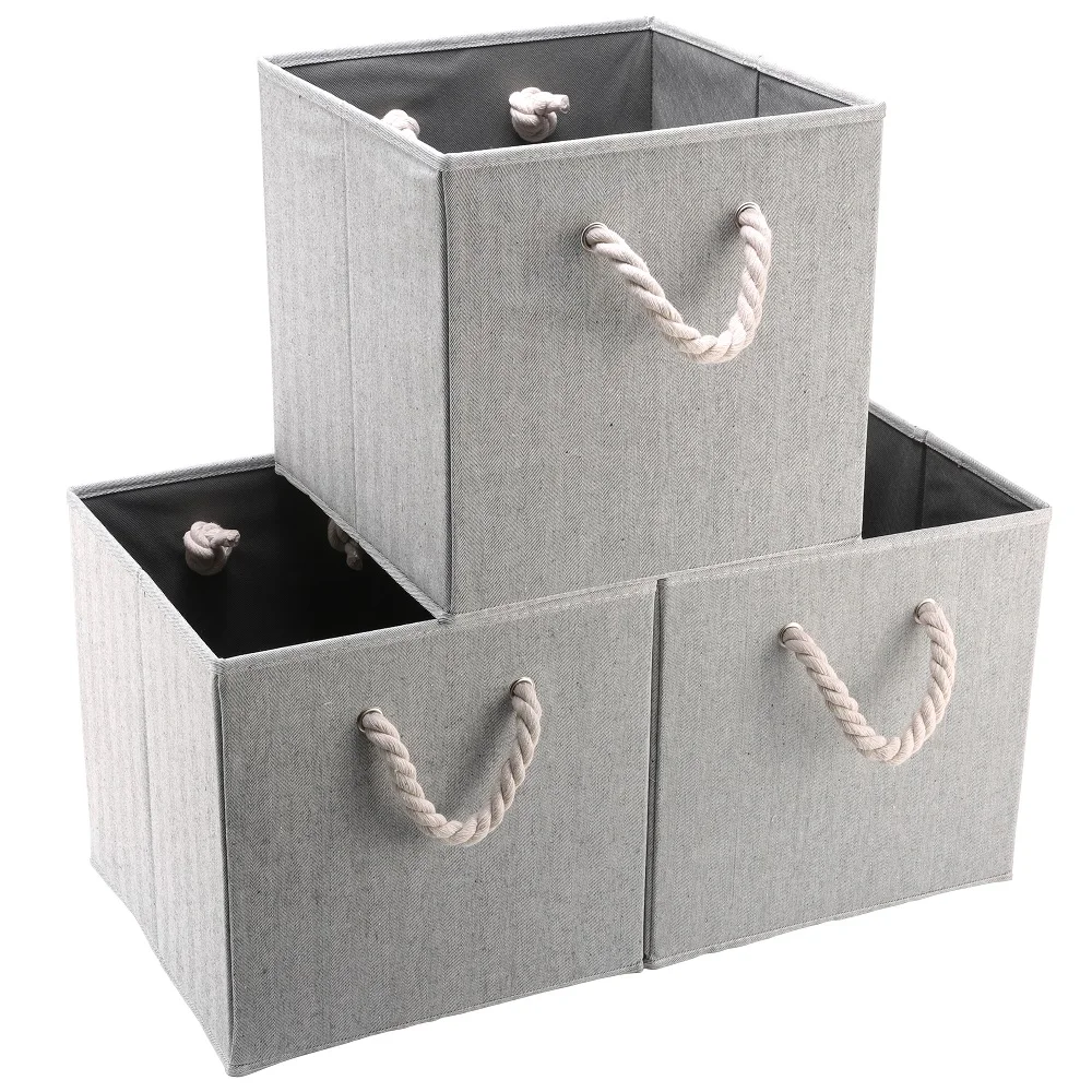 

Foldable Fabric Storage Cube Bins with Cotton Rope Handle, Collapsible Resistant Basket Box for Shelves (3pcs/lot)