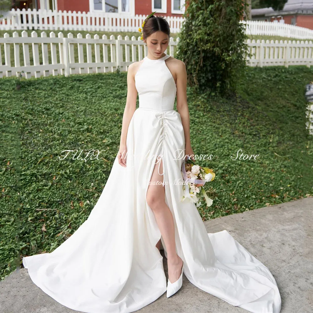 

TULX Simple Satin Korea A-Line Wedding Dresses Photo Shoot Halter High Side Split Floor Length Bridal Gowns 웨딩드레스 Custom 2025