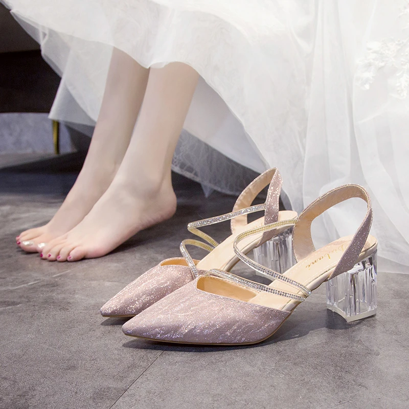 

Straight Heels Women's Summer Baotou New Rhinestone French Pointed Toe Plus Size Sandals