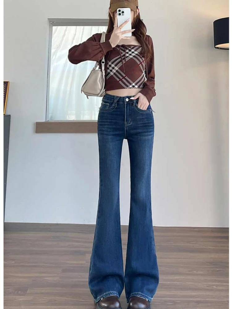 

Женские расклешенные джинсы с волосатыми карманами и вышивкой, осенне-зимние утолщенные облегающие расклешенные брюки с приподнятыми ягодицами