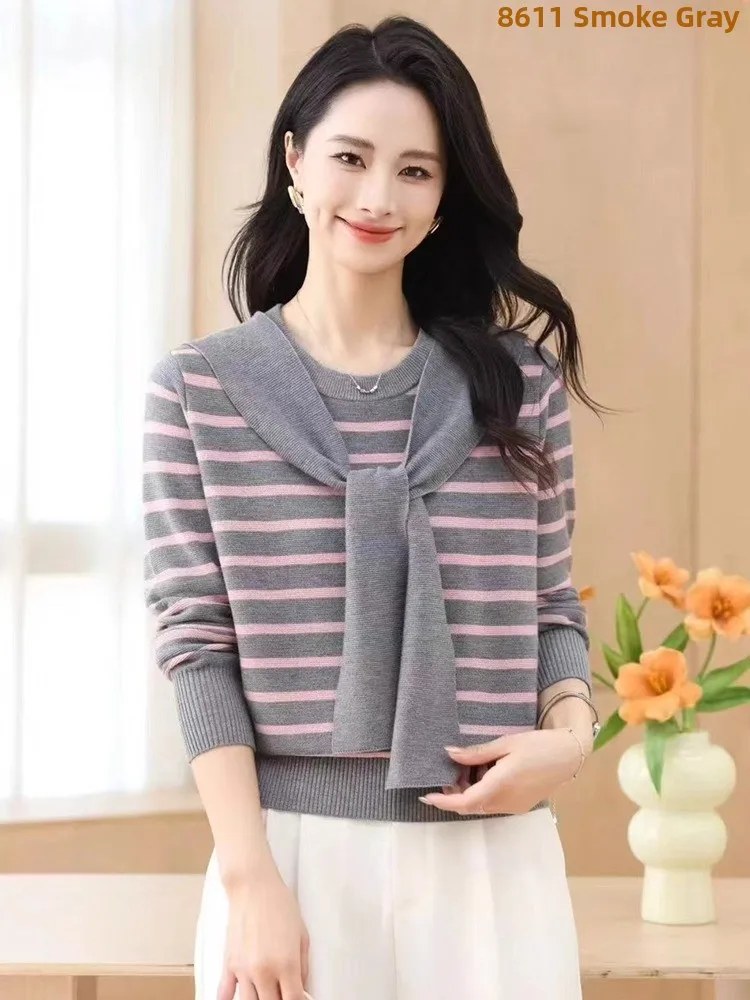 

Women's Woolen Knitted Sweater with awl Casual Loose Fit Long Sve round Ne Stripe Pattern Fake Two-Piece Design