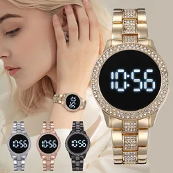 Kegllect LED tela grande diamante incrustado relógio feminino redondo pulseira de aço relógios eletrônicos