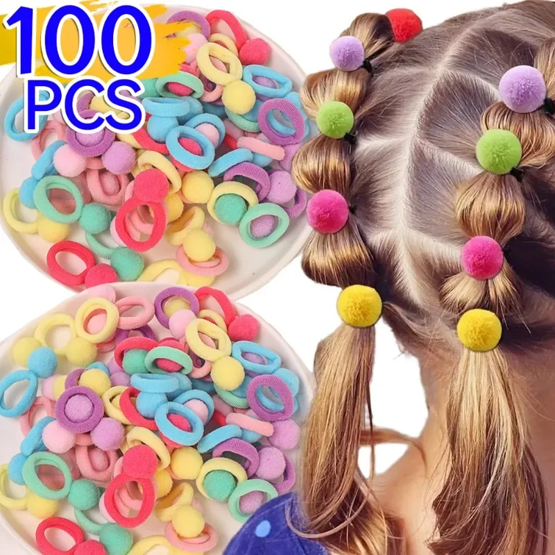 20/100Pcs Bobbles Plush Ball Hair Rope for Girls Children Sweet Scrunchie Elastic Hair Rings High Ponytail Holder Headwer