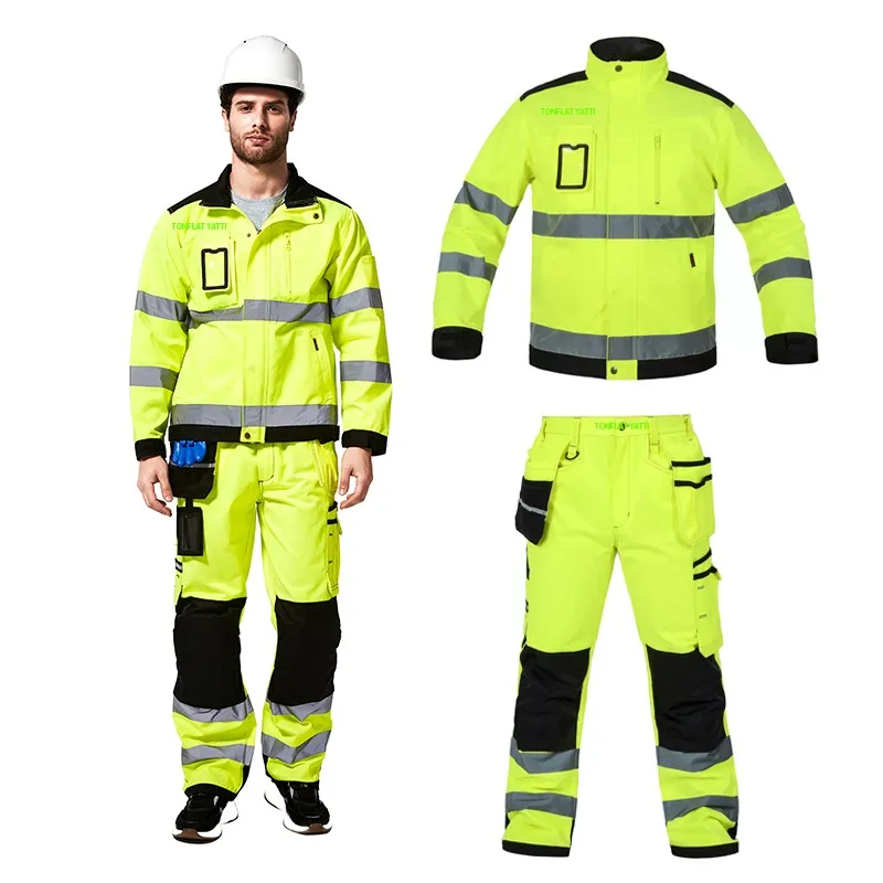 Fluorescent Yellow High Reflective Belt Split Night Work Clothing With Multiple Pockets, Workshop Machine Repair Safety Overall