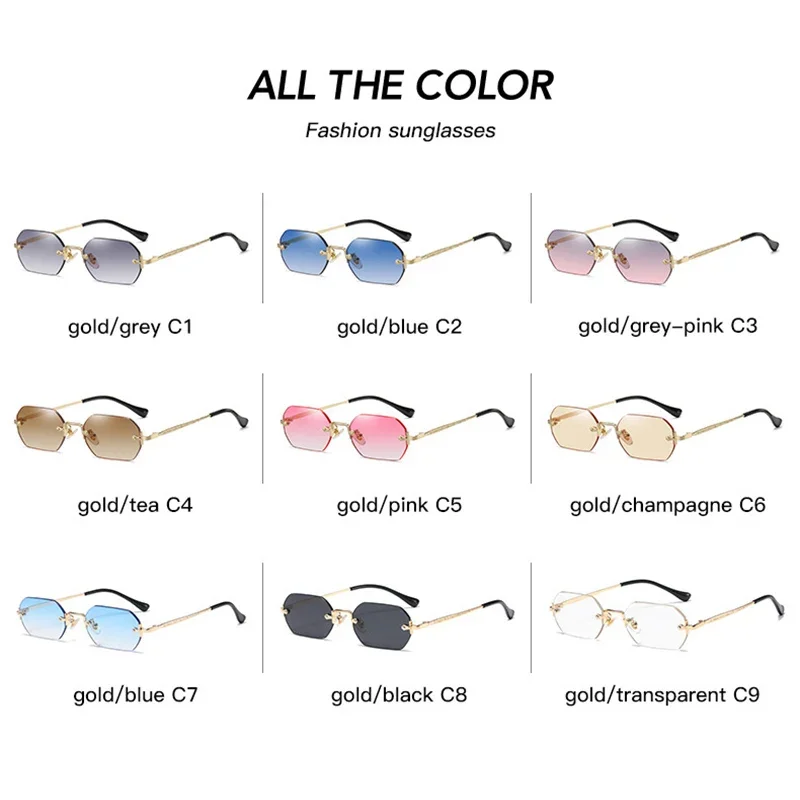 Rimless Rectangle Sunglasses Small Men Glasses Women Metal Gold Polygon Blue Shades 2024 UV400 Frameless