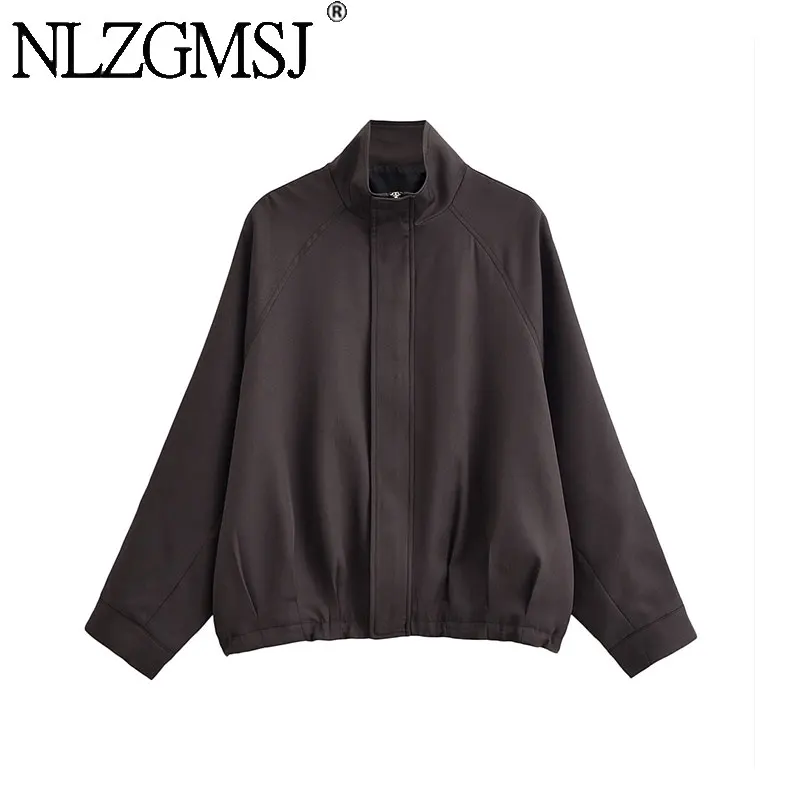 

NZLGMSJ 2026 Spring Vintage Casual Chic Bomber Jacket Solid Stand Collar Zipper Pockets Long Sleeve Coats Fashion Coats
