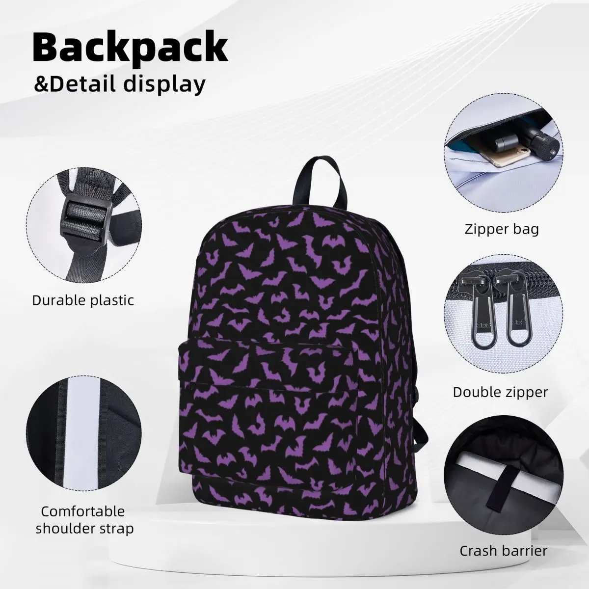 Purple Bats Pastel Goth Candy Backpacks Boy Girl Bookbag Students School Bag Travel Rucksack Shoulder Bag Large Capacity