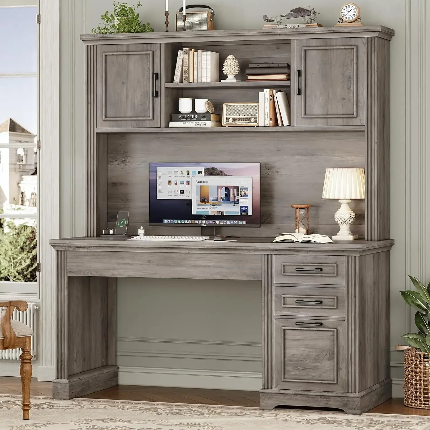 

Office Desk with 3 Drawers, 47.2" Executive Computer Desk with Storage Drawers and Hutch Cabinet, Wood Farmhouse Desk with Power