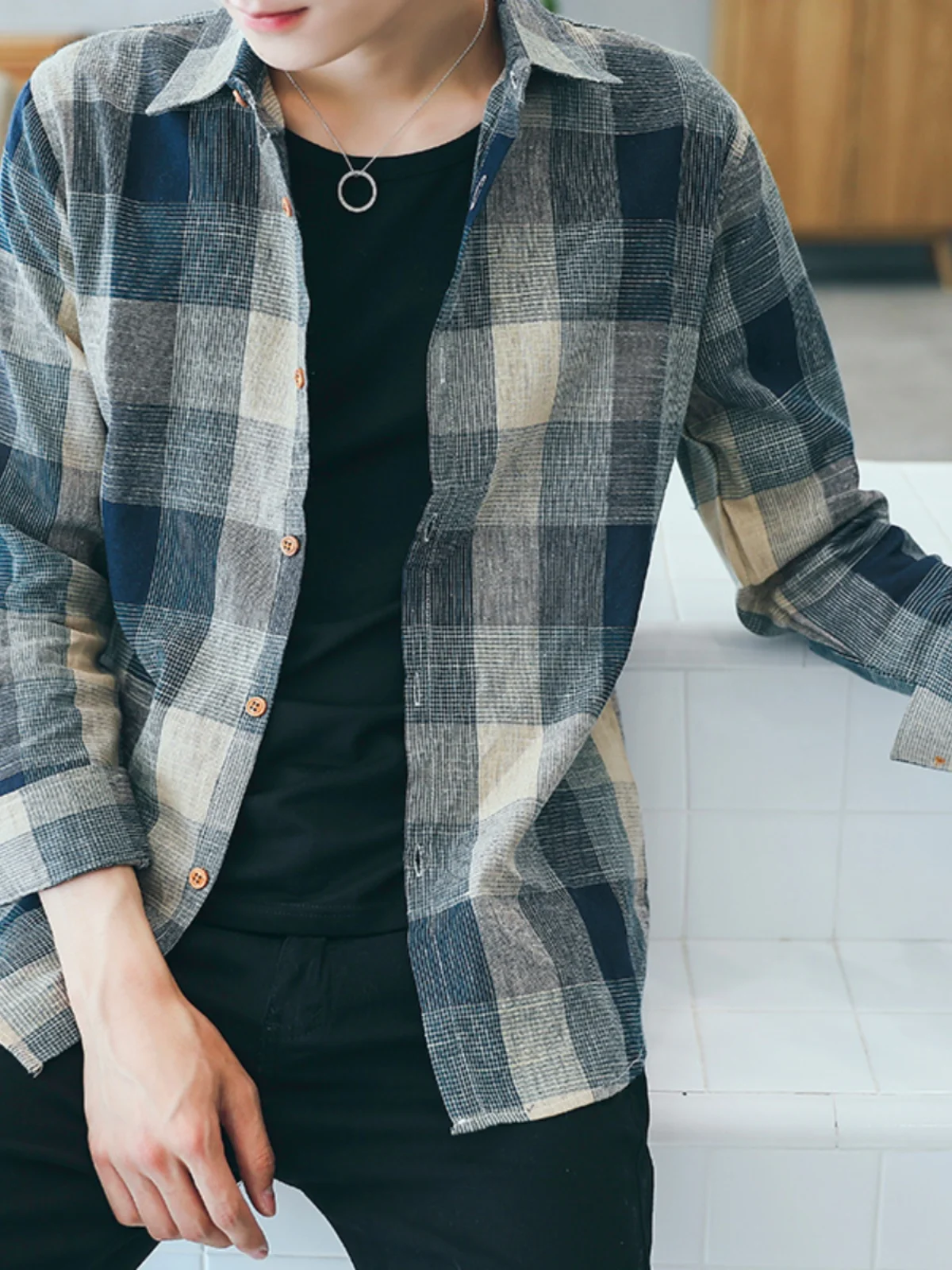 

Мужской чистый хлопок Long Sve irt для работы на строительной площадке Весна Осень Плед Work orm Stand Fit Youth Faion