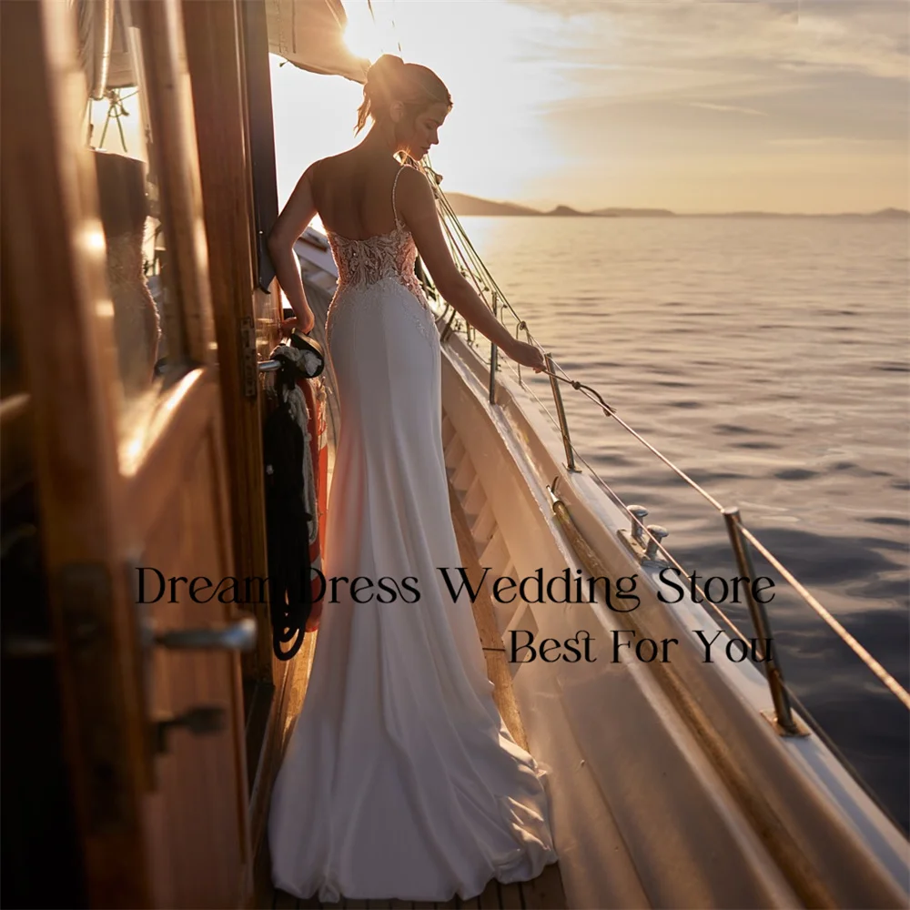 DREAM Classic Lace Mermaid Wedding Dress Appliqued Boat-Neck Open Back Spaghetti Straps Bridal Gown Vestidos De Noiva Customized