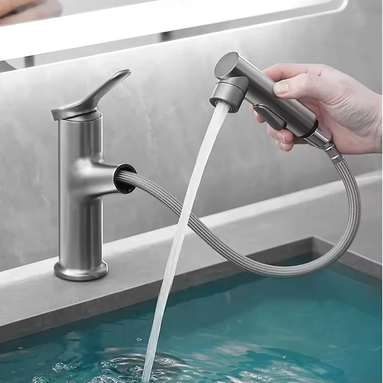 

！@Modern Single-Hole Pull-Out Basin Faucet with Hot Cold Water Flexible Hose Ceramic Valve Bathroom Tap Basin Mixer Taps for Sin