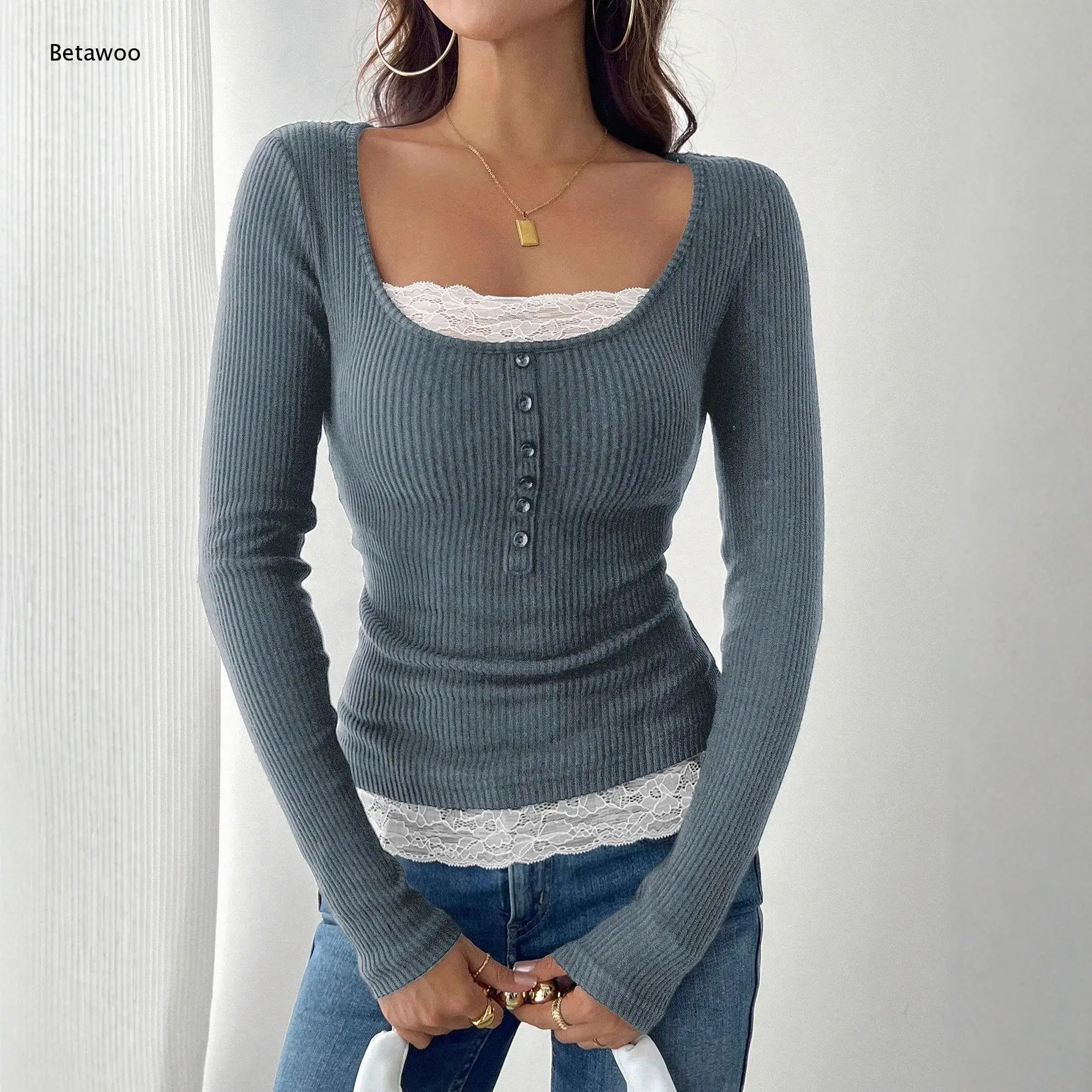 Long Sleeve Fake Two Piece Lace Hem Knit Top Decorative Button Slim Fitted Blouse for Women Daily Casual Street Outfit