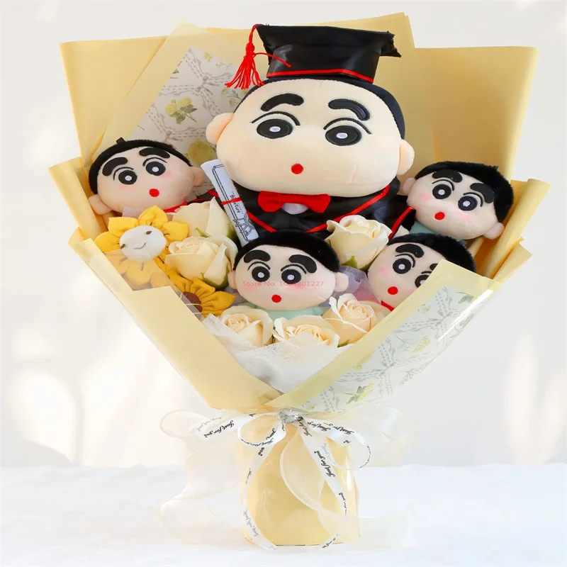 Kawaii Anime Crayon Shin-chan Cute Plush Doll Bouquet Doctor Hat Student Graduation Gift Girly Heart Decoration Birthday Gift