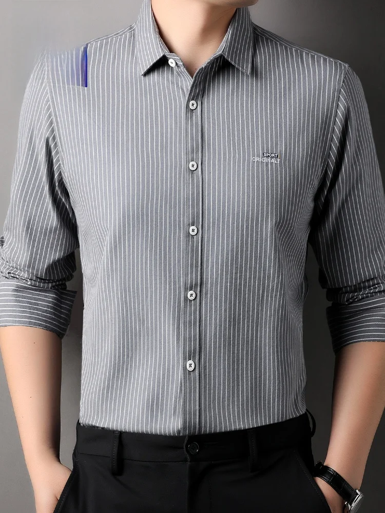 

Мужская рубашка из чистого хлопка с длинным рукавом, в полоску, повседневная, универсальная, в корейском стиле, деловая, новая модель, модная, весна-осень.