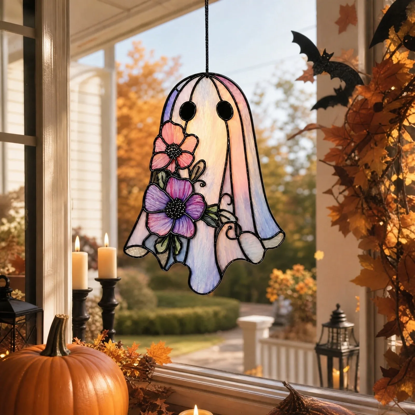 2D Halloween Floral Ghost Suncatcher Stained Glass Style Window Hanging Ornament Colorful Wall Pendant For Home Party Decor ﻿