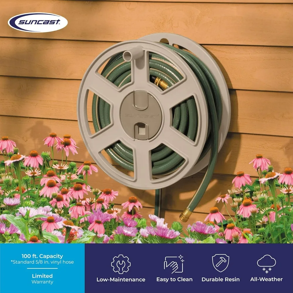 Suncast 100ft Wall Mount Garden Hose Holder, Taupe, Heavy-Duty Resin Sidewinder, Manually Retractable, Open Space-Saving Storage