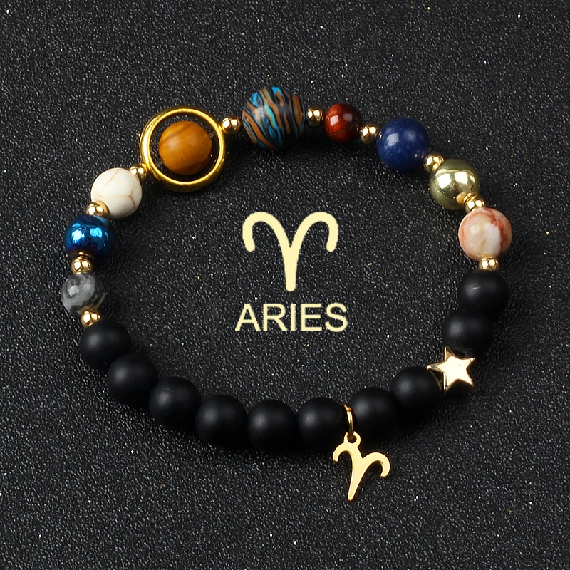 Universe Galaxy Eight Planets 12 Constellation Bracelets for Women Natural Stone Solar System Bracelets Libra Virgo Leo Jewelry