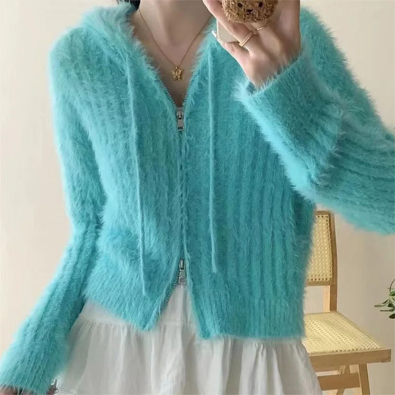 Hooded Knit Cardigan for Women Long Sleeve Fuzzy Knit Zip Up Crop Sweater Jacket Fall Winter Teen-girl Y2K Acubi Outfit