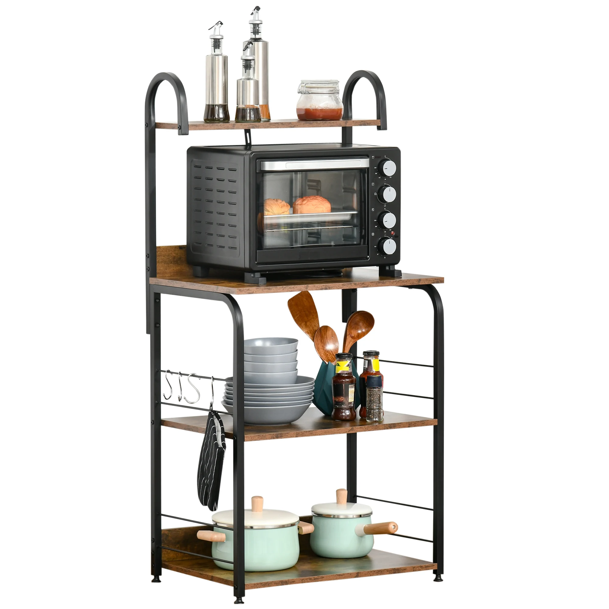 HOMCOM Estantería de Cocina de 4 Niveles con Ganchos 60x40x125 cm Marrón Rústico