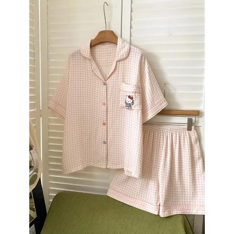 

2Pcs Sanrio Summer Pajamas Hello Kittys Cute Suit Cartoon Short Sleeve Shorts Comfortable Sweet Loose Casual Kawaii Home Clothes
