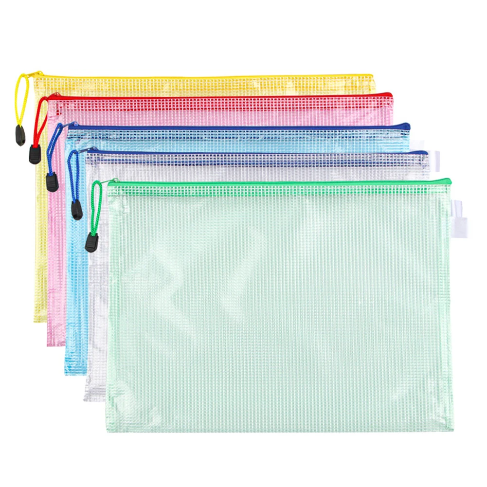 Bolsa de malla con cremallera A6/A4, bolsa para documentos, bolsas de almacenamiento de lápices impermeables para escuela, suministros de oficina, organización de viajes cosméticos, 5 uds.