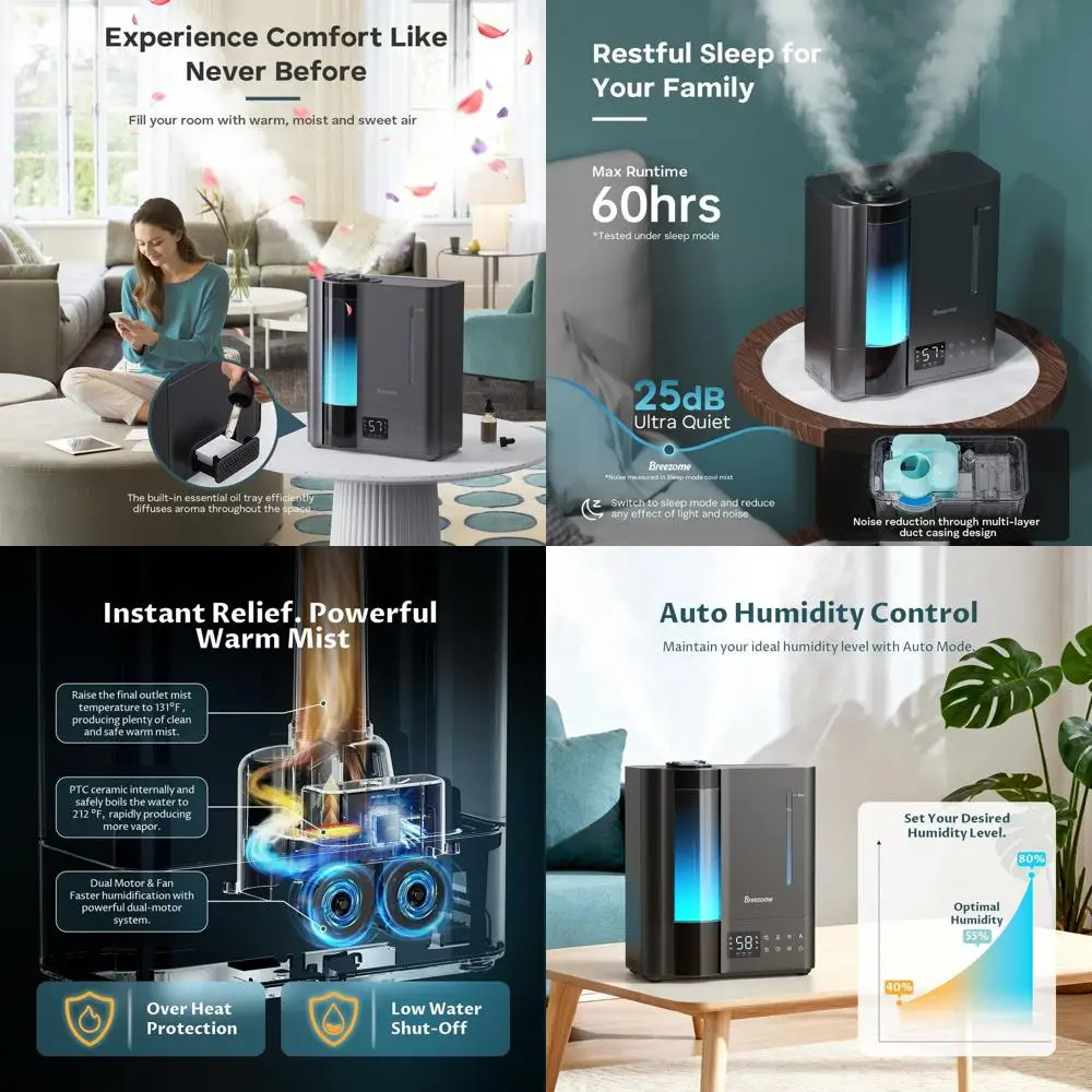 

Ультразвуковой увлажнитель воздуха с верхней заливкой для больших помещений: теплый и холодный туман, датчик влажности, 60 часов работы, бесшумный, идеально подходит для младенцев и растений