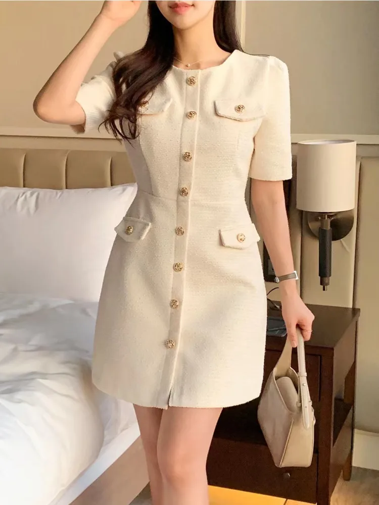 Korean Style Chic Temperament Women Skirt French Small Fragrant O-neck Elegant Coarse Tweed Short Sleeve Dresses Female Clothes